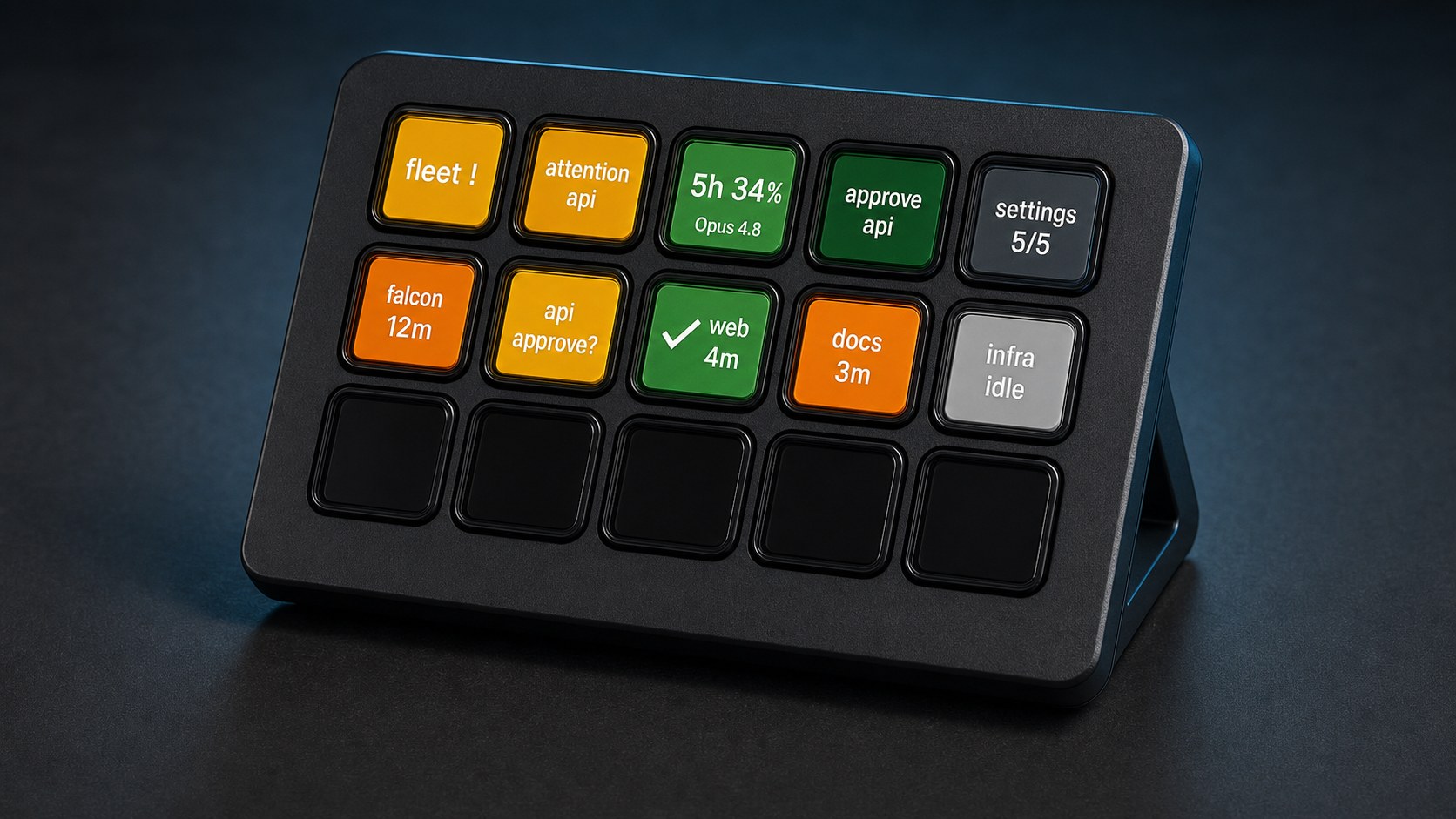 Close-up of a lit Stream Deck: falcon and docs orange, api amber and asking to approve, web green and done, infra grey and idle